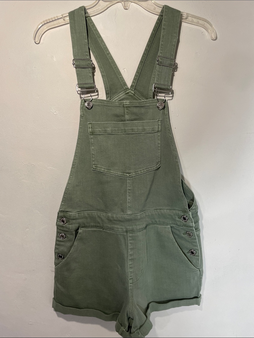 NWT eunina Sage Green Tina High Rise Denim Short Overalls XS
